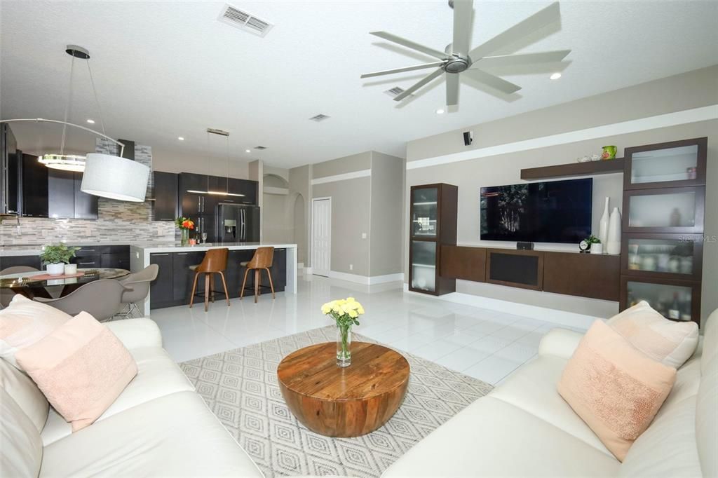 Dining room, Interior, Kitchen, Living room, Pendant Lights, Recessed Lighting, Stainless Steel Appliances, Stone Walls