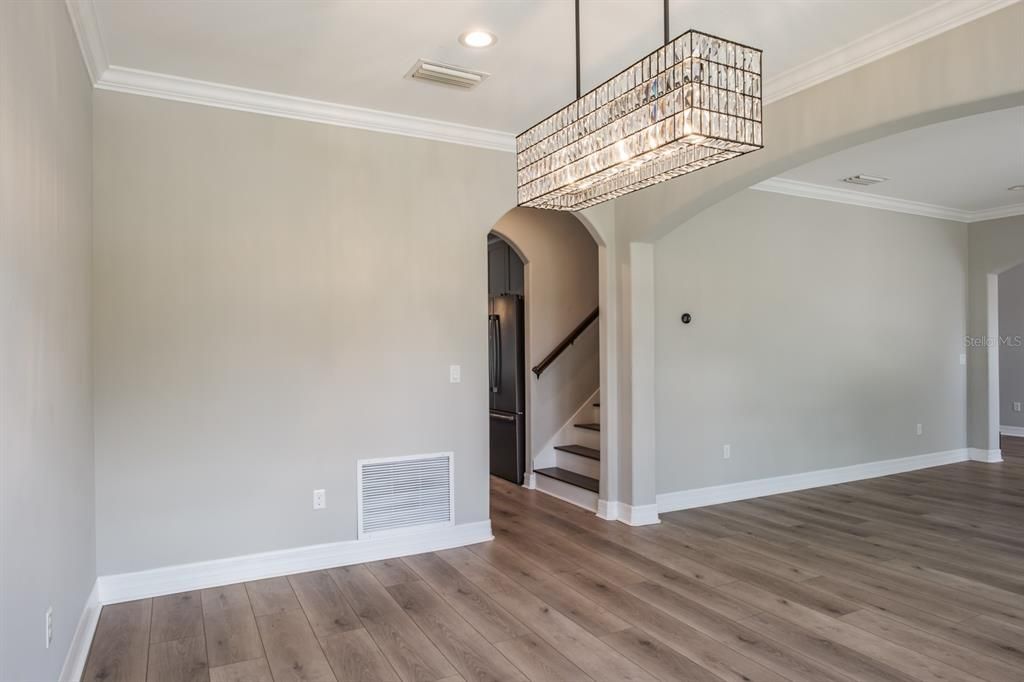 Chandelier, Empty room, Interior, Recessed Lighting, Wood Texture Flooring