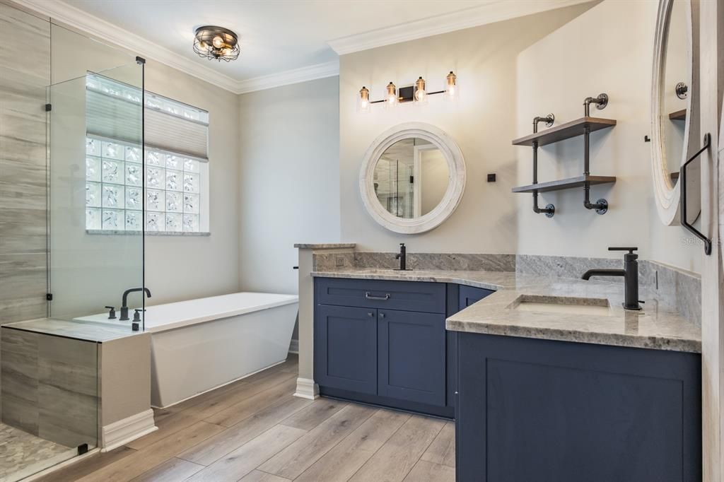 Bathroom, Dual Sink Vanities, Free Standing Baths, Glass Shower, Interior, Wood Texture Flooring