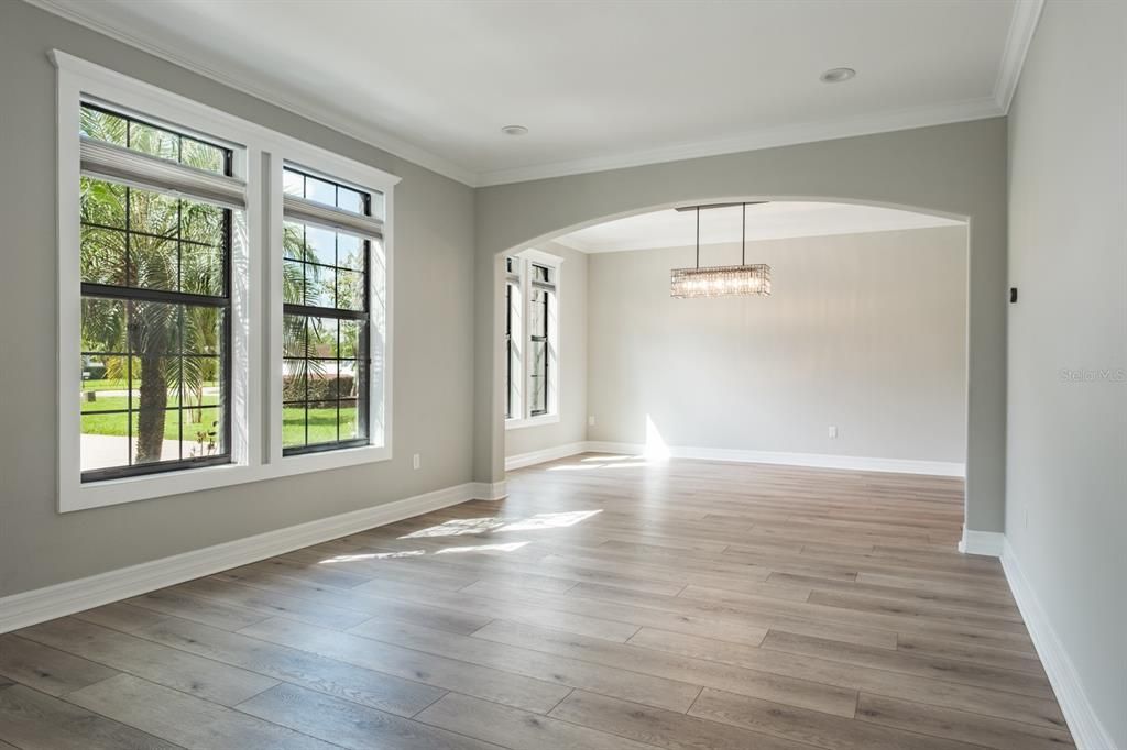 Empty room, Interior, Pendant Lights, Recessed Lighting, Wood Texture Flooring