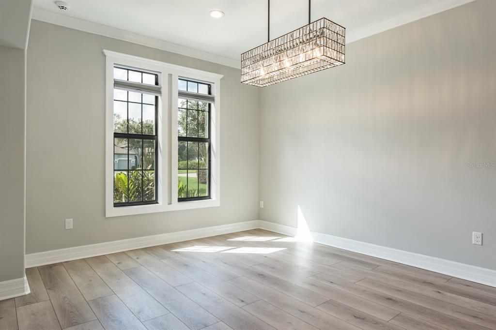 Chandelier, Empty room, Interior, Recessed Lighting, Wood Texture Flooring