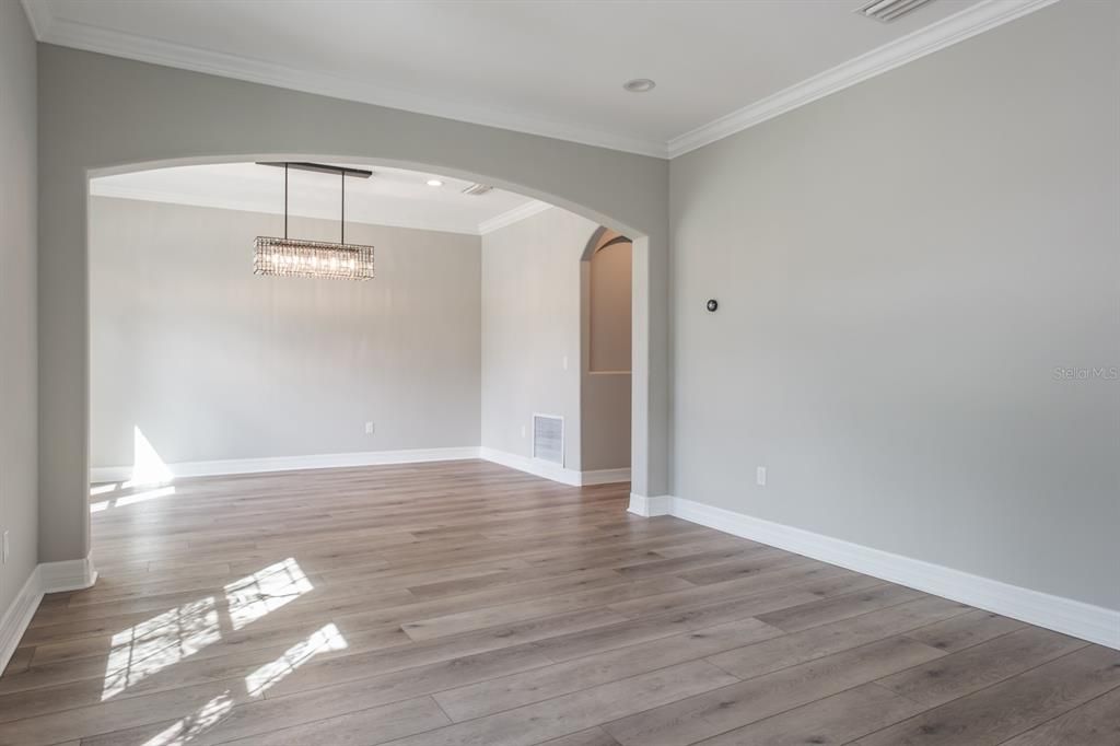 Empty room, Interior, Pendant Lights, Recessed Lighting, Wood Texture Flooring