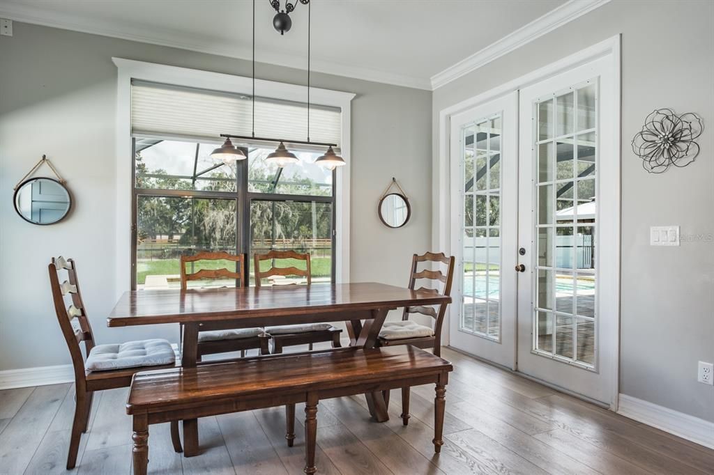 Dining room, Interior, Pendant Lights, Wood Texture Flooring