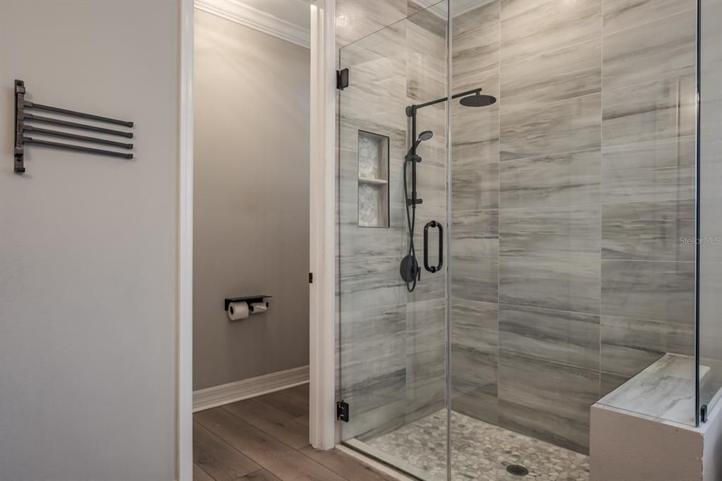 Bathroom, Glass Shower, Interior, Wood Texture Flooring