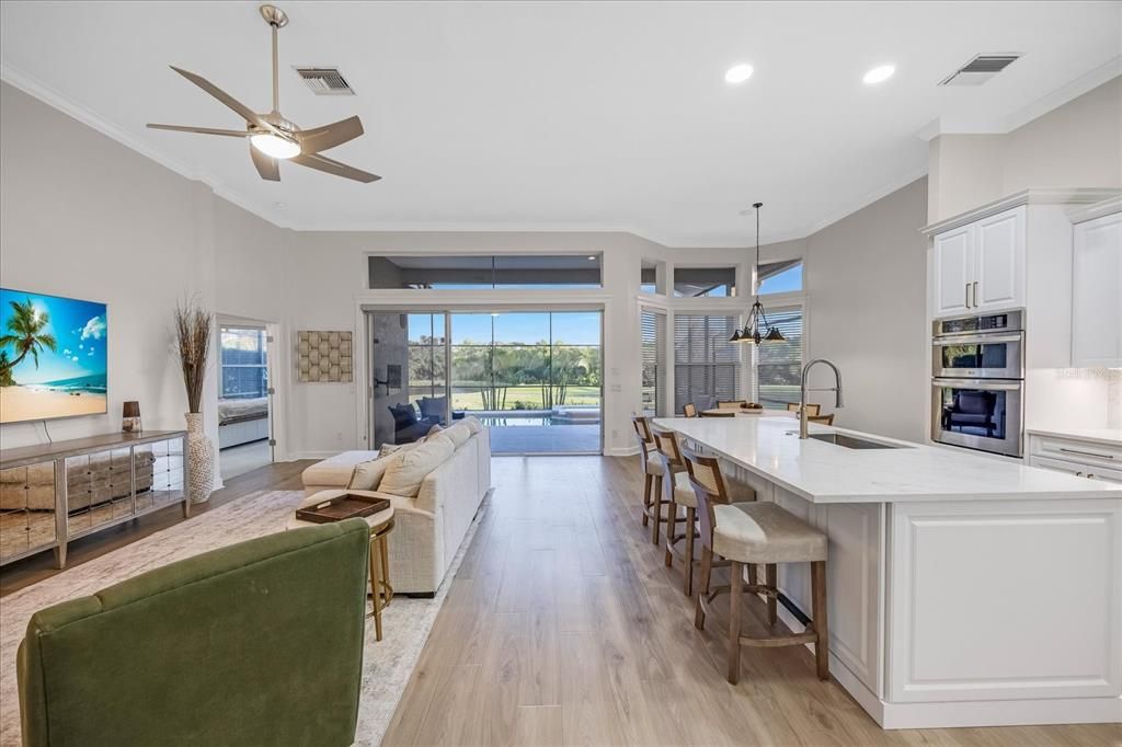 Interior, Kitchen, Living room, Pendant Lights, Recessed Lighting, Wood Texture Flooring