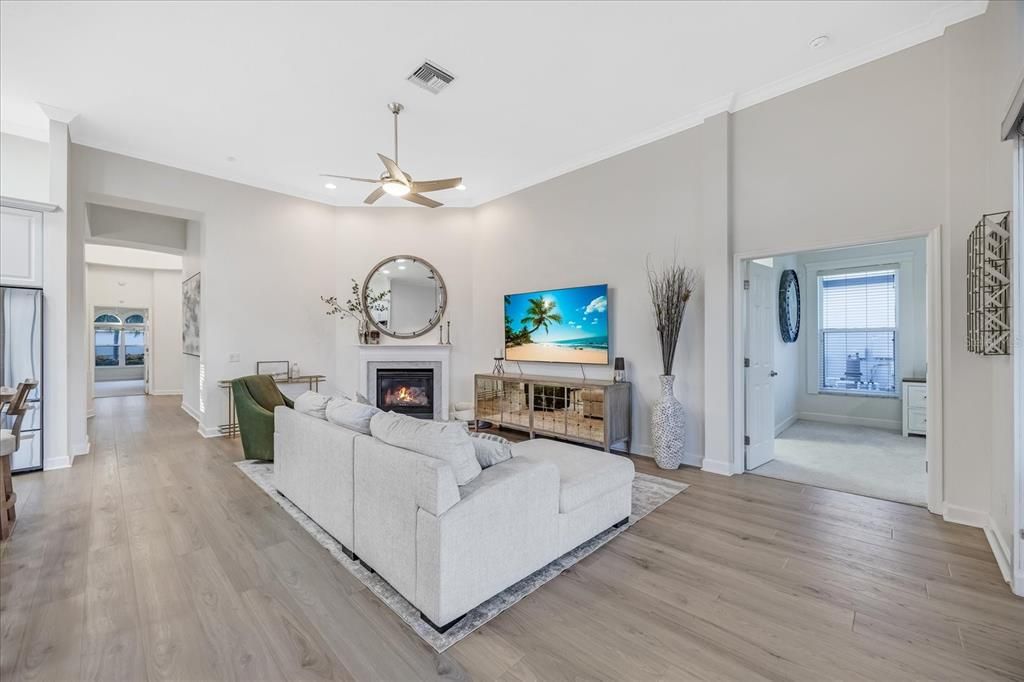 Fireplace, Interior, Living room, Recessed Lighting, Wood Texture Flooring