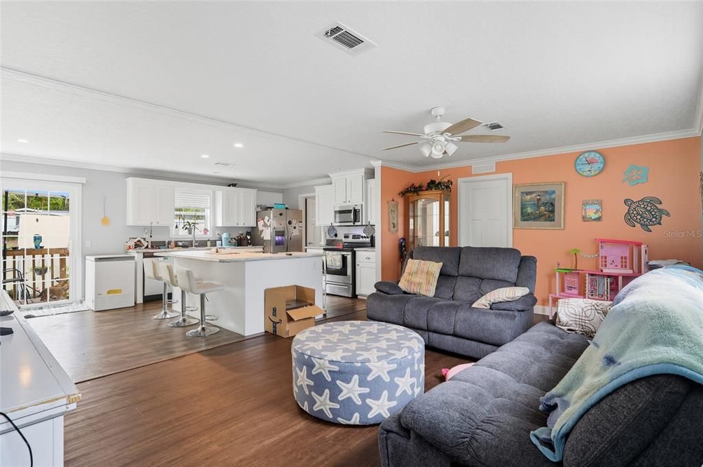 Interior, Kitchen, Living room, Recessed Lighting, Stainless Steel Appliances, Wood Texture Flooring