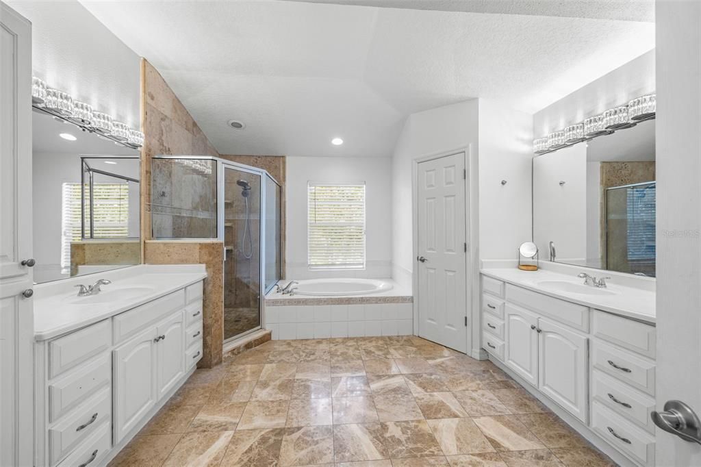 Bathroom, Dual Sink Vanities, Glass Shower, Interior, Recessed Lighting