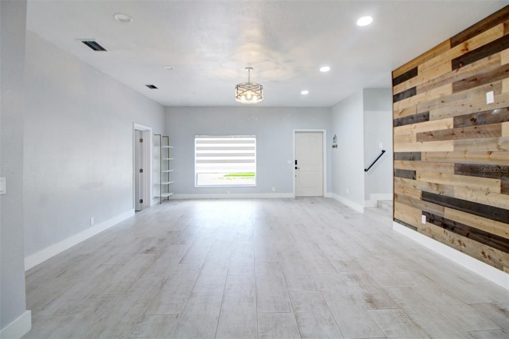 Empty room, Interior, Pendant Lights, Recessed Lighting, Wood Texture Flooring, Wooden Walls