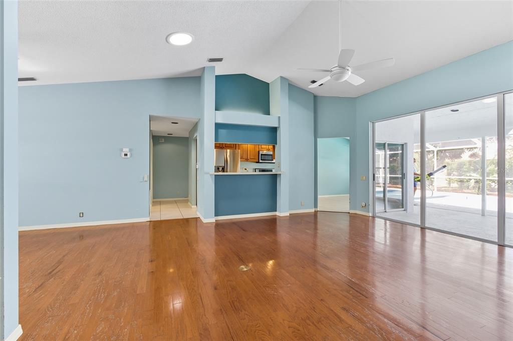 Empty room, Interior, Kitchen, Recessed Lighting, Wood Texture Flooring