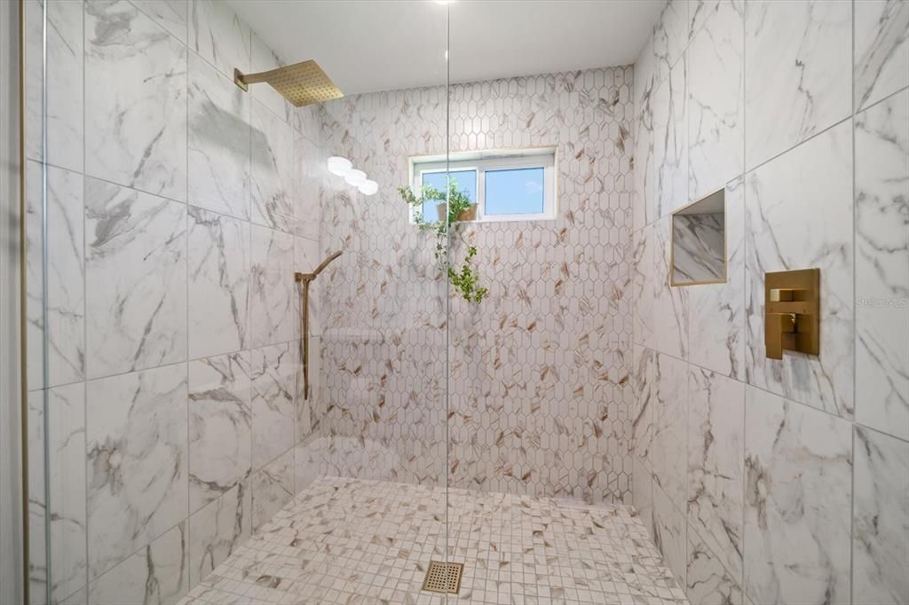 Bathroom, Glass Shower, Interior, Marble Walls, Recessed Lighting