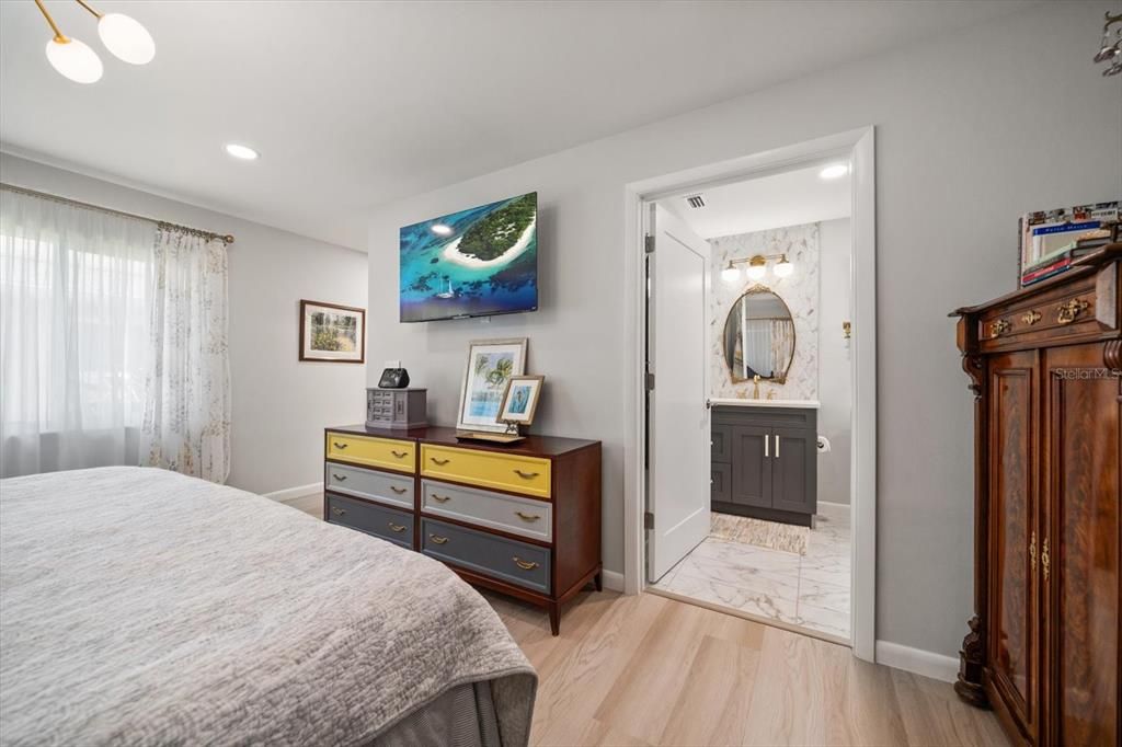 Bedroom, Interior, Marble, Recessed Lighting, Wood Texture Flooring