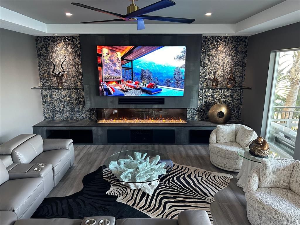 Fireplace, Interior, Living room, Recessed Lighting, Wood Texture Flooring