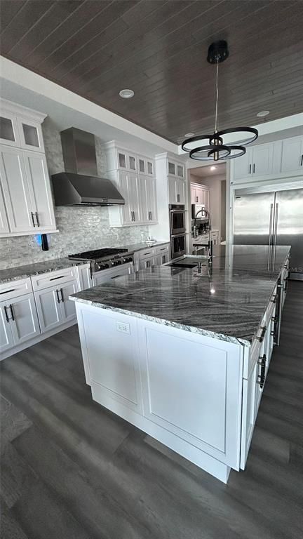 Chandelier, Interior, Kitchen, Pendant Lights, Recessed Lighting, Stainless Steel Appliances, Wooden Ceilings, Wood Texture Flooring