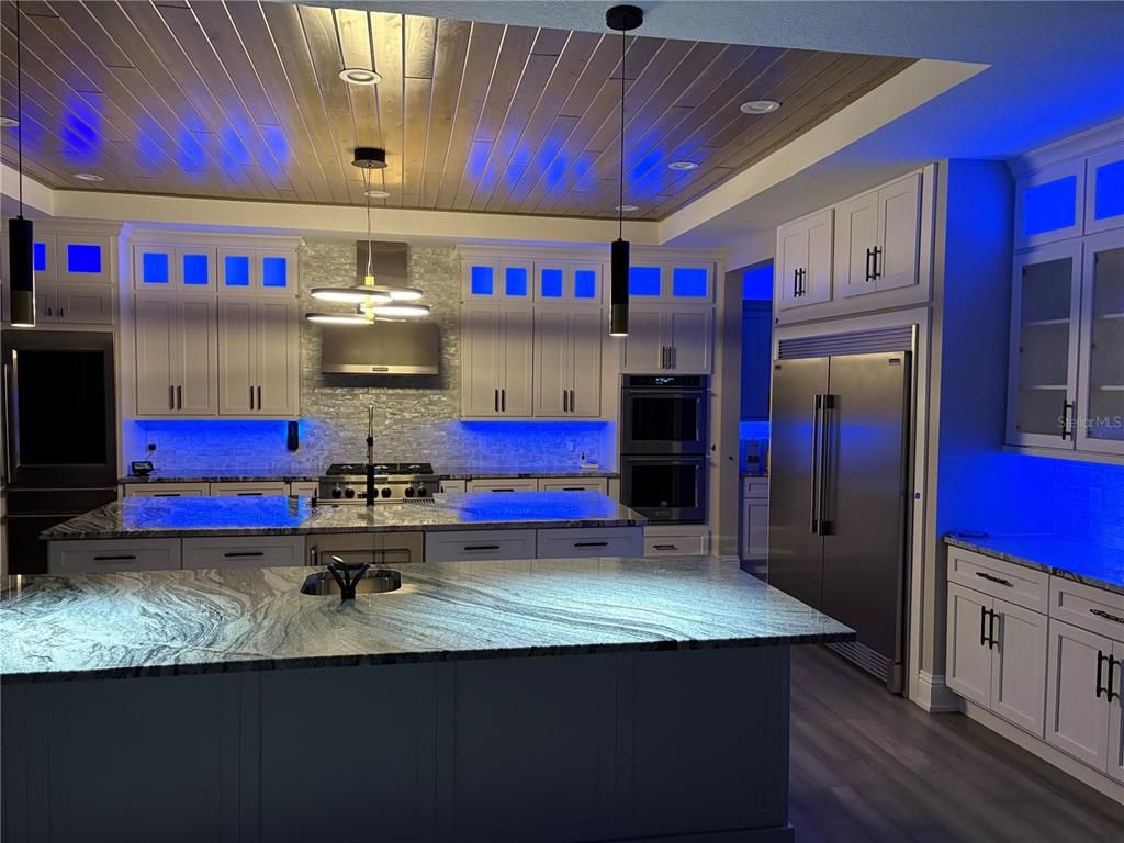 Interior, Kitchen, Pendant Lights, Recessed Lighting, Stainless Steel Appliances, Wooden Ceilings, Wood Texture Flooring