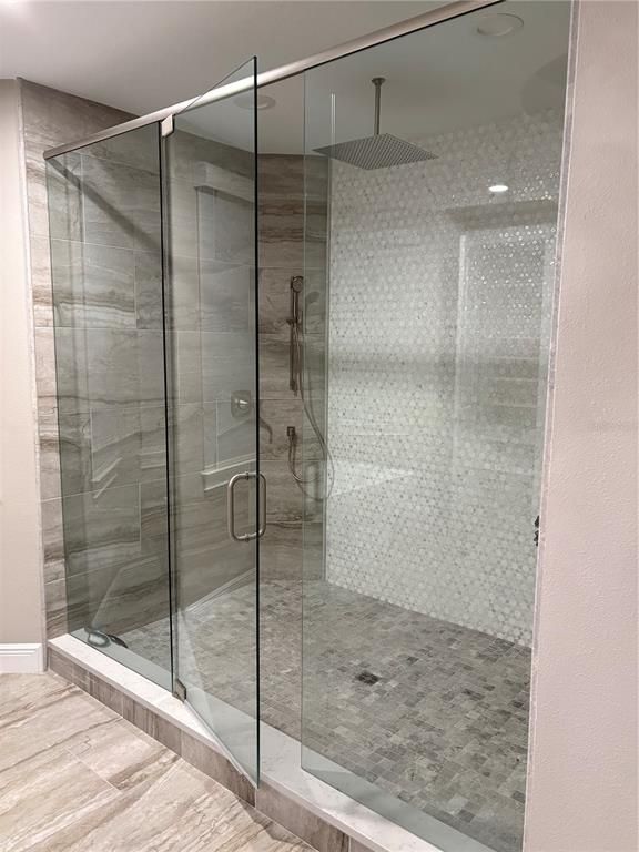 Bathroom, Glass Shower, Interior, Recessed Lighting, Wood Texture Flooring