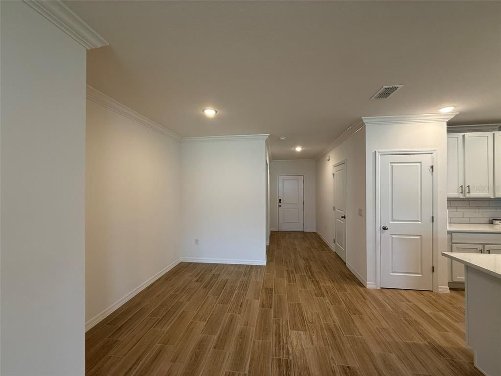 Empty room, Interior, Kitchen, Recessed Lighting, Wood Texture Flooring