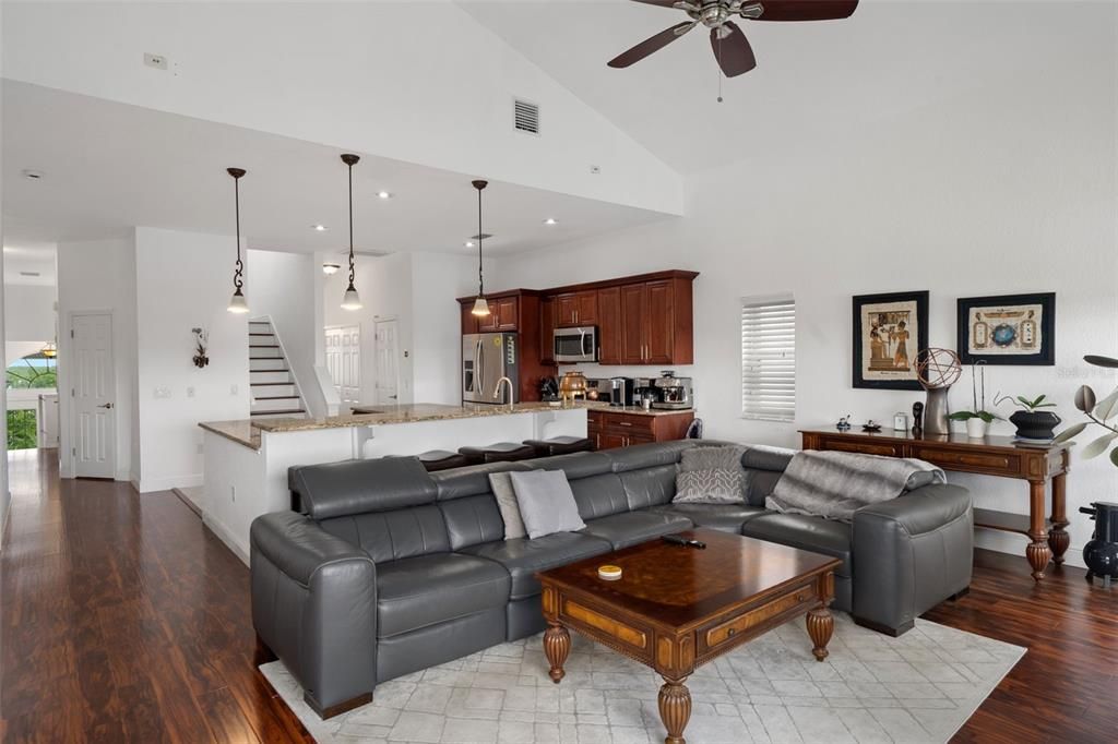 Interior, Kitchen, Living room, Pendant Lights, Recessed Lighting, Stainless Steel Appliances, Wood Texture Flooring