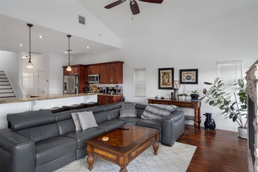 Interior, Kitchen, Living room, Pendant Lights, Recessed Lighting, Stainless Steel Appliances, Wood Texture Flooring