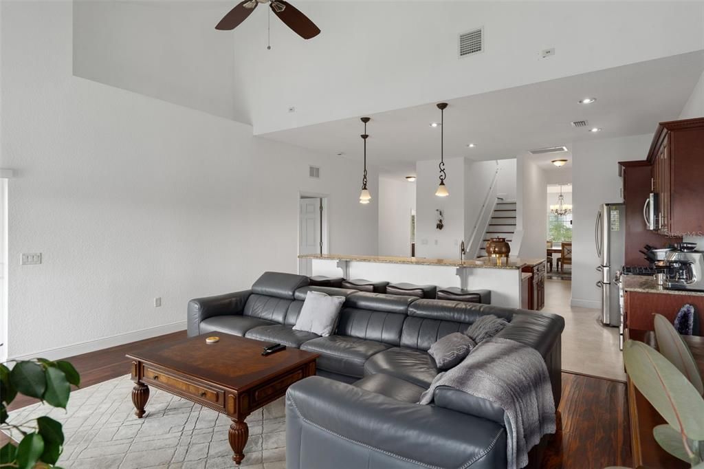 Home Theatre Room, Interior, Kitchen, Living room, Pendant Lights, Recessed Lighting, Wood Texture Flooring
