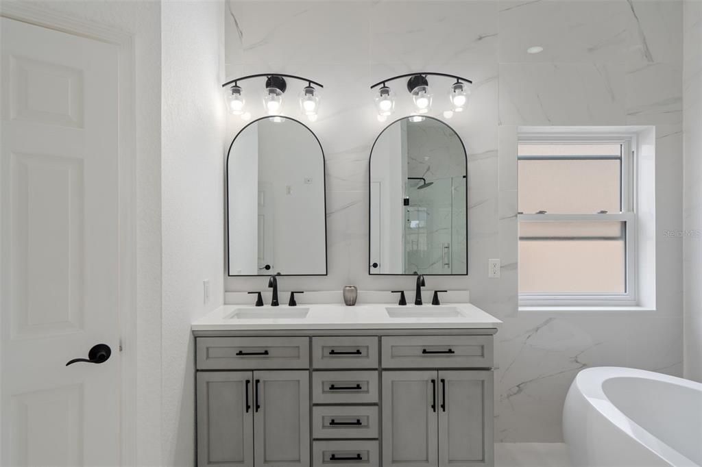 Bathroom, Dual Sink Vanities, Interior, Marble Walls