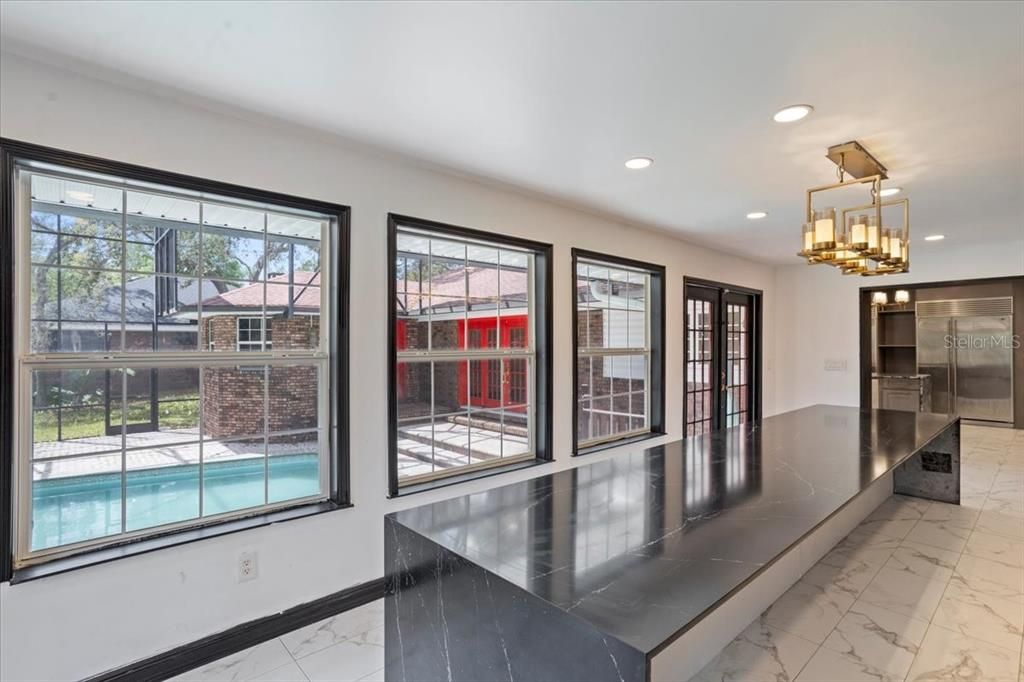 Interior, Kitchen, Marble, Pendant Lights, Recessed Lighting, Stainless Steel Appliances