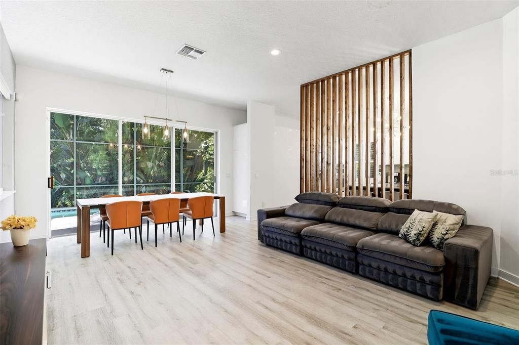 Dining room, Interior, Living room, Pendant Lights, Recessed Lighting, Wood Texture Flooring