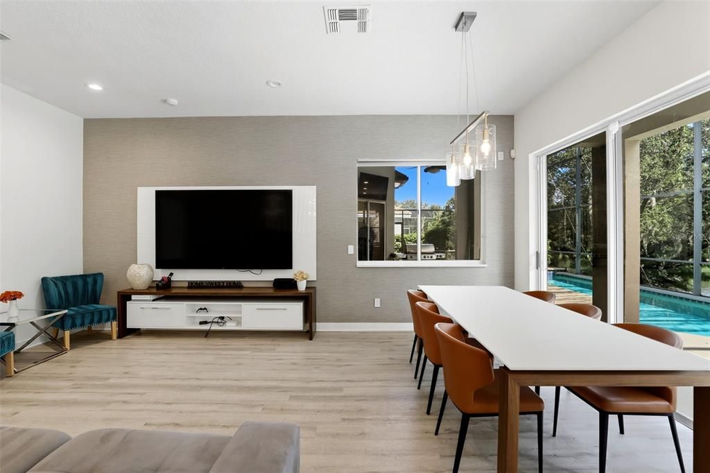 Dining room, Interior, Pendant Lights, Recessed Lighting, Wood Texture Flooring