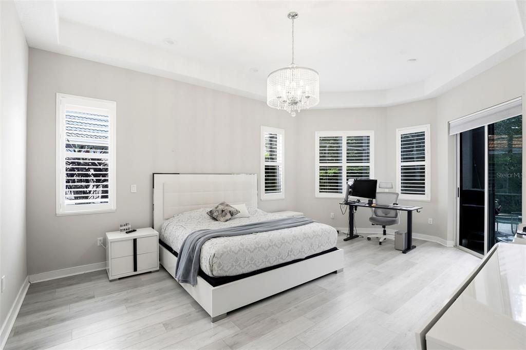 Bedroom, Chandelier, Home Office, Interior, Wood Texture Flooring