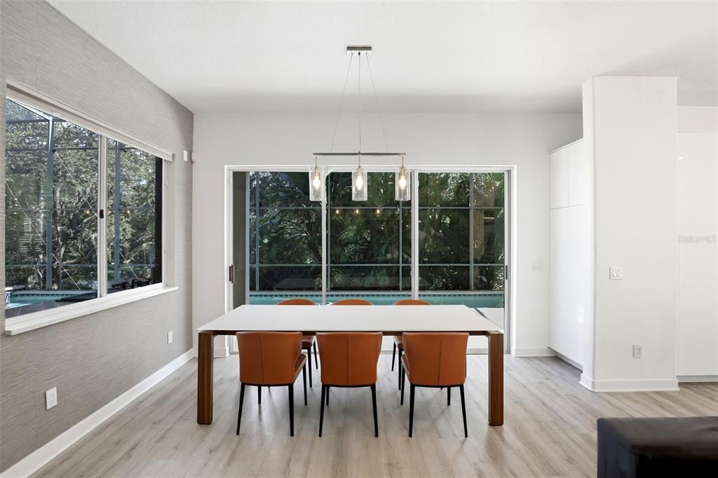 Dining room, Interior, Pendant Lights, Wood Texture Flooring