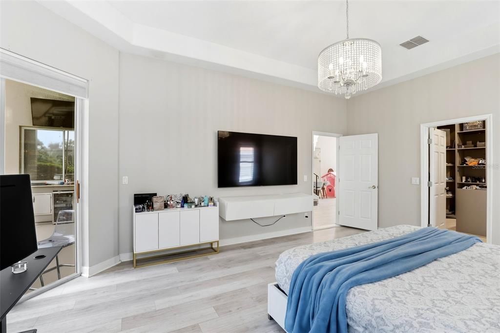 Bedroom, Chandelier, Interior, Wood Texture Flooring