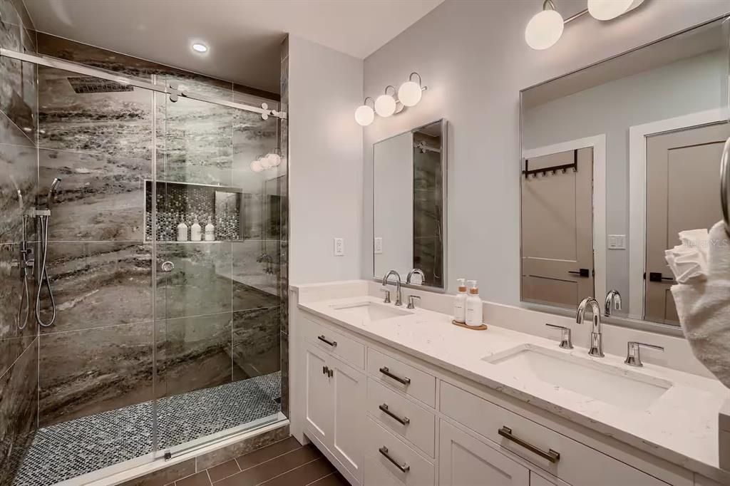 Bathroom, Dual Sink Vanities, Glass Shower, Interior, Recessed Lighting