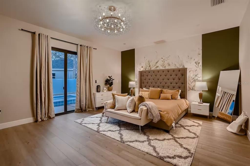 Bedroom, Chandelier, Interior, Wood Texture Flooring
