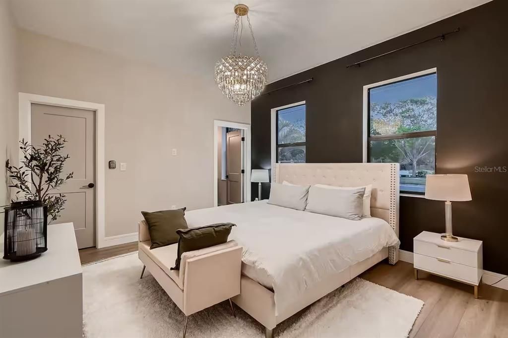 Bedroom, Chandelier, Interior, Wood Texture Flooring