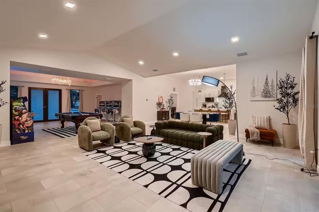 Billiard Table, Chandelier, Game Room, Interior, Living room, Recessed Lighting