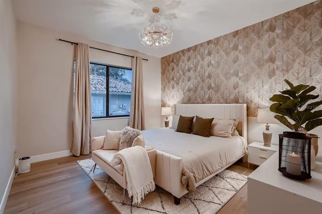 Bedroom, Chandelier, Interior, Wood Texture Flooring