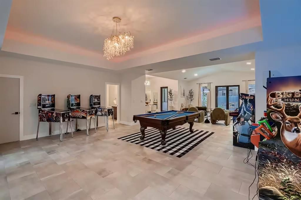 Billiard Table, Chandelier, Game Room, Interior, Recessed Lighting