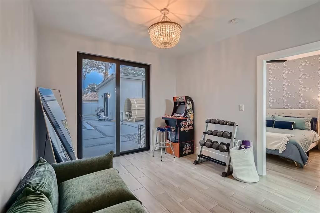 Bedroom, Chandelier, Interior, Wood Texture Flooring