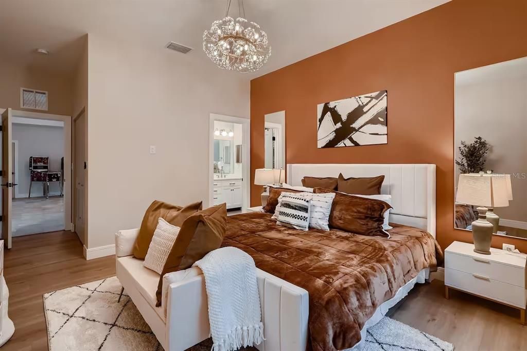Bedroom, Interior, Pendant Lights, Wood Texture Flooring