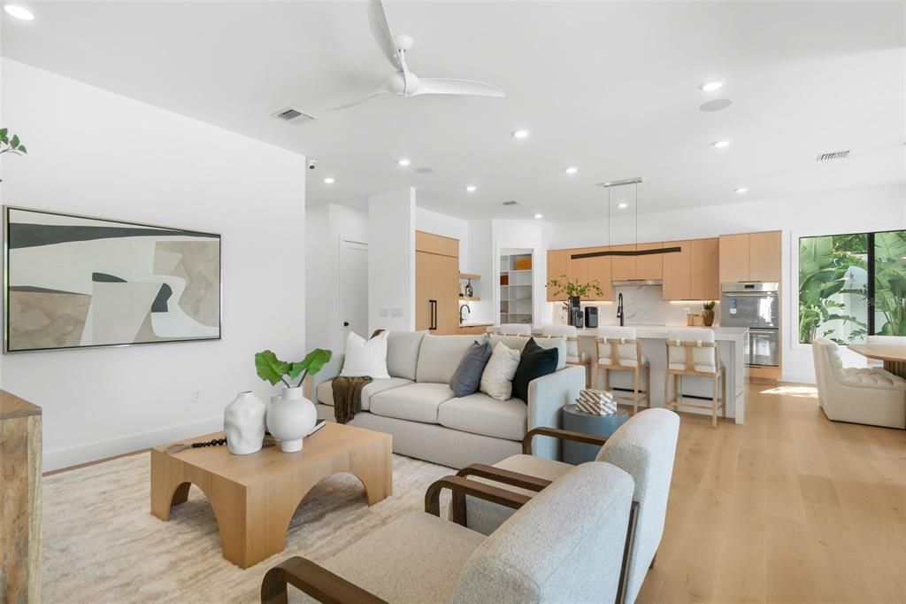 Interior, Kitchen, Living room, Pendant Lights, Recessed Lighting, Stainless Steel Appliances, Wood Texture Flooring