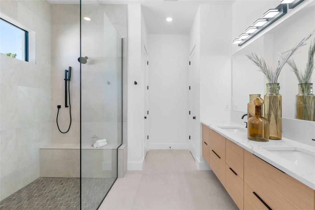 Bathroom, Dual Sink Vanities, Glass Shower, Interior, Recessed Lighting