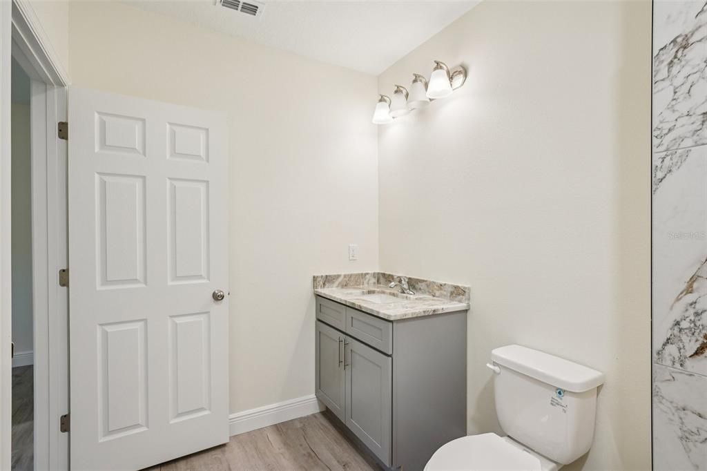 Bathroom, Interior, Marble Walls, Wood Texture Flooring