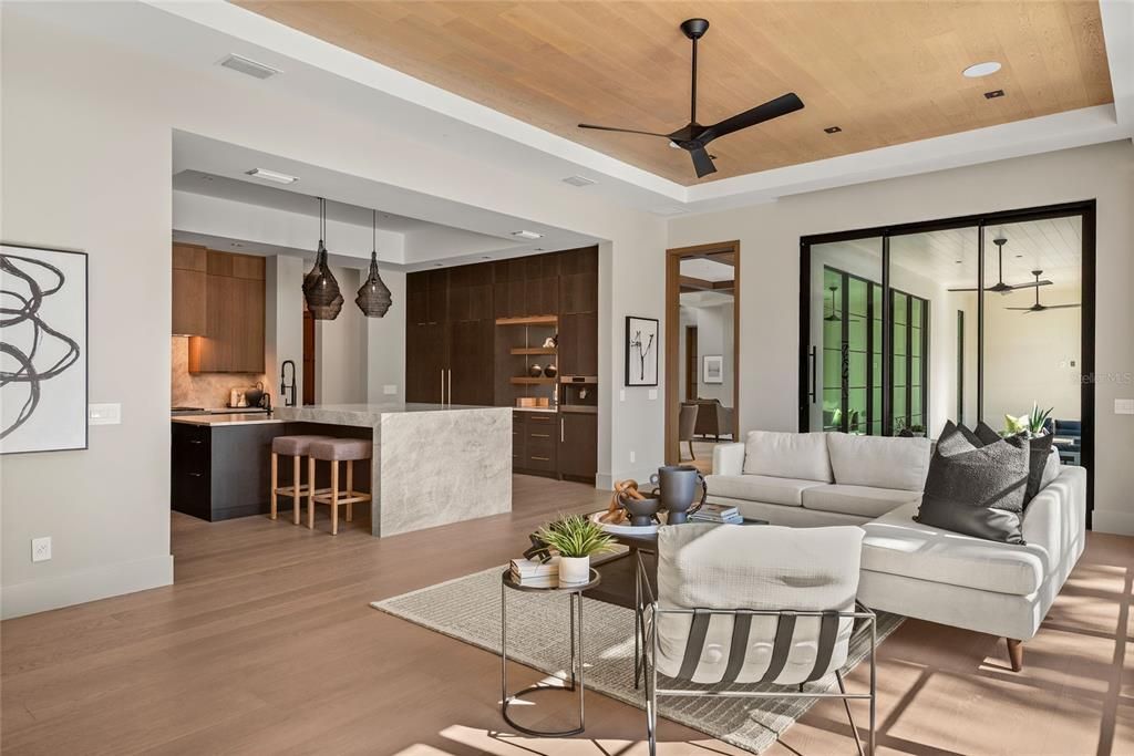 Interior, Kitchen, Living room, Pendant Lights, Recessed Lighting, Wooden Ceilings, Wood Texture Flooring