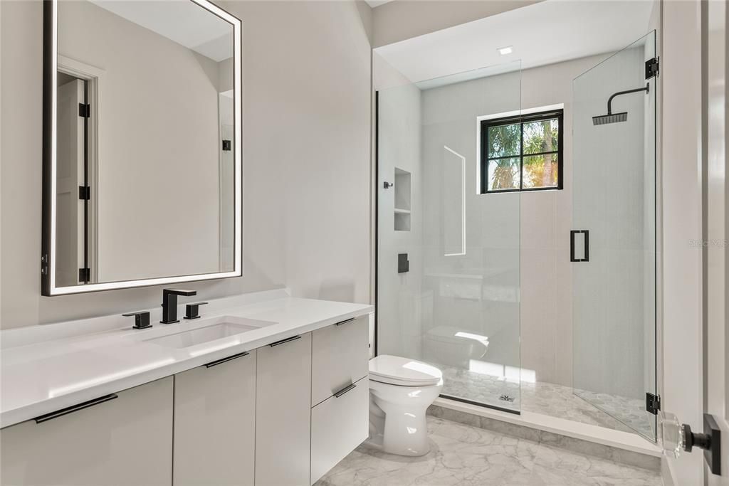 Bathroom, Glass Shower, Interior, Marble, Recessed Lighting