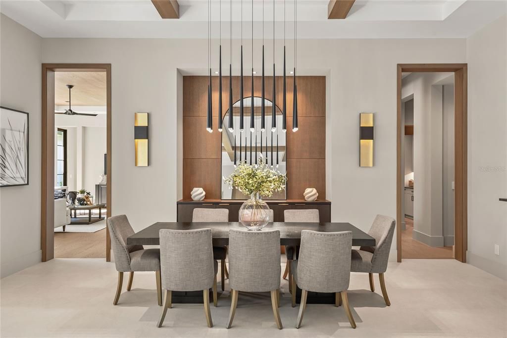 Dining room, Interior, Pendant Lights, Wooden Beams, Wood Texture Flooring