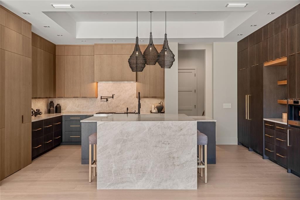 Interior, Kitchen, Pendant Lights, Recessed Lighting, Wood Texture Flooring