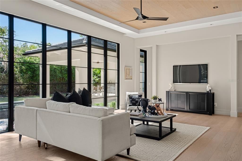 Interior, Living room, Recessed Lighting, Wooden Ceilings, Wood Texture Flooring