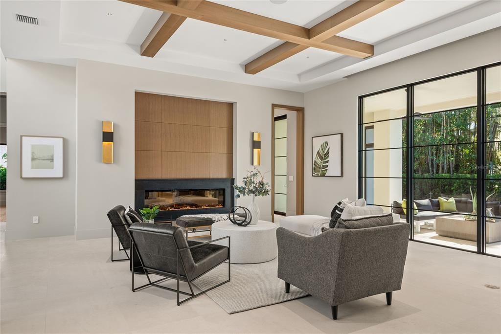 Fireplace, Interior, Living room, Recessed Lighting, Wooden Beams