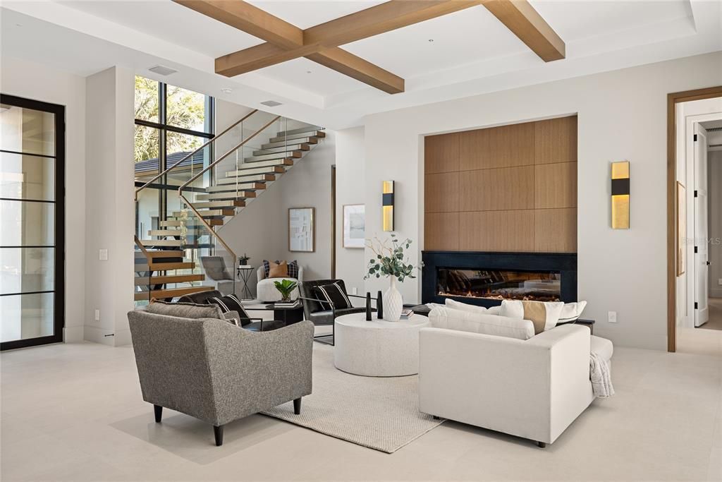 Fireplace, Interior, Living room, Recessed Lighting, Wooden Beams