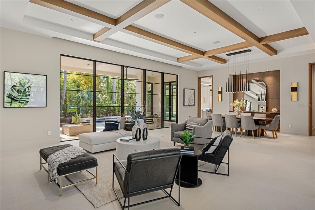 Dining room, Interior, Living room, Pendant Lights, Recessed Lighting, Wooden Beams